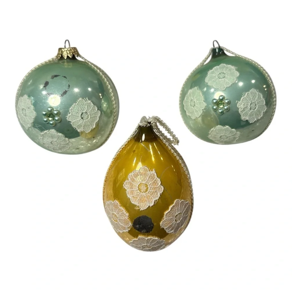 Vintage Lace Bead Trim Decorated Glass Christmas Ball Ornaments Lot 3